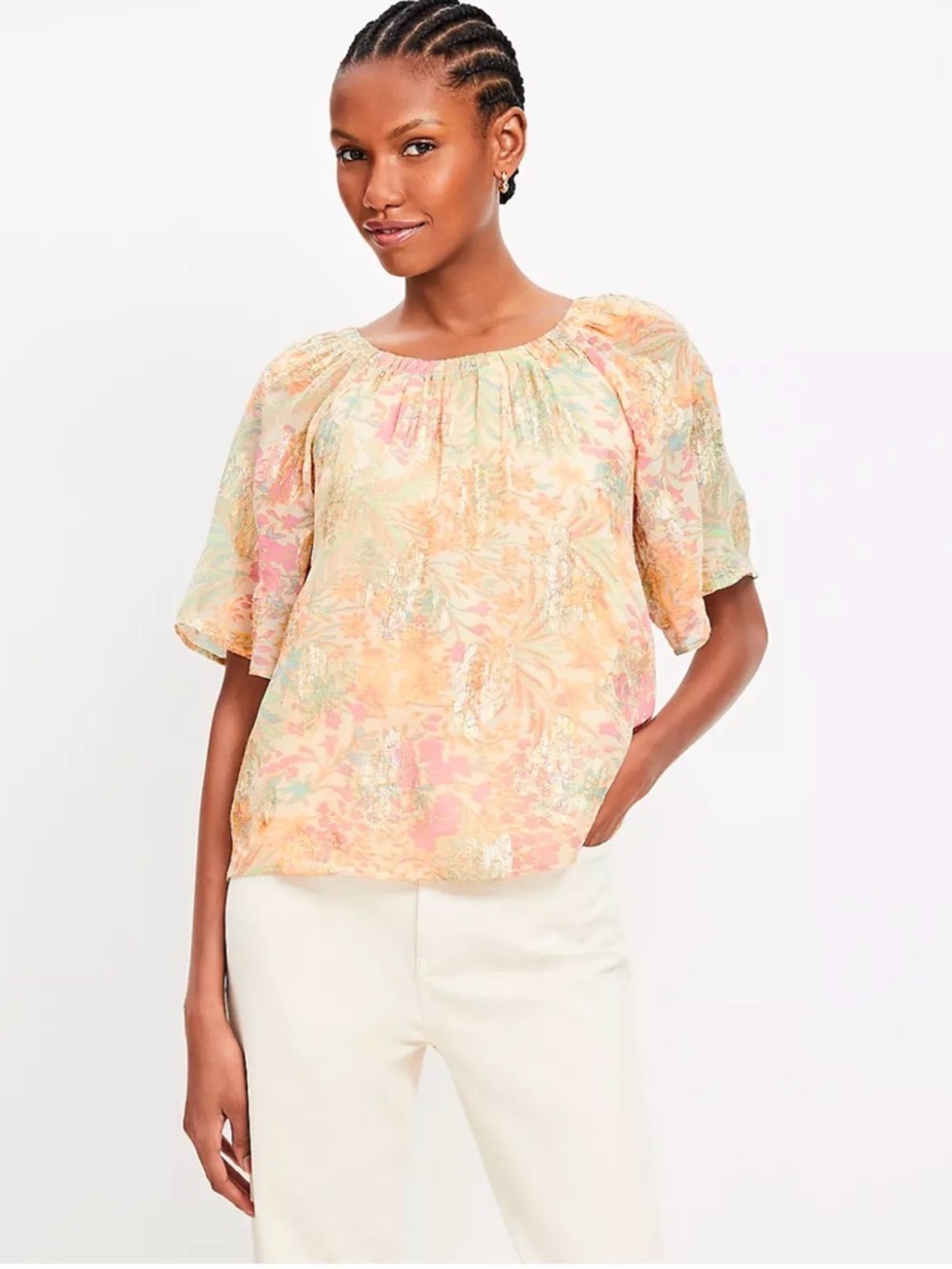 NWT‎ LOFT Shimmer Floral Tie Back Flutter Top Tahini M